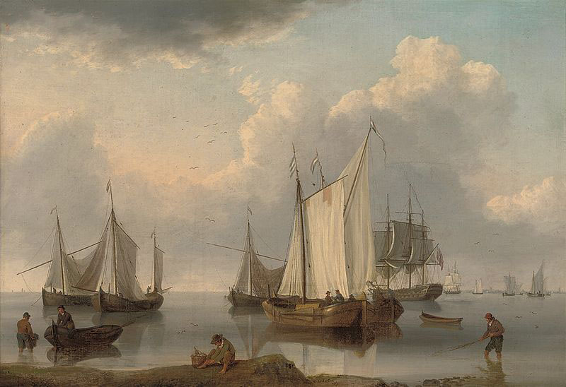 A British warship, Dutch barges and other coastal craft on the Ijselmeer in a calm